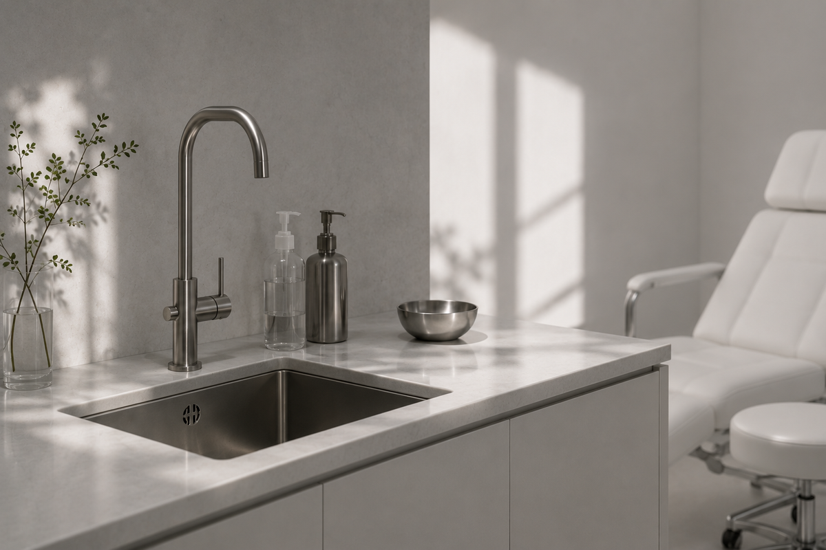 A modern sink with a tall curved stainless steel faucet, set into a white countertop in a minimalist treatment room with soft window shadows and a white chair in the background.